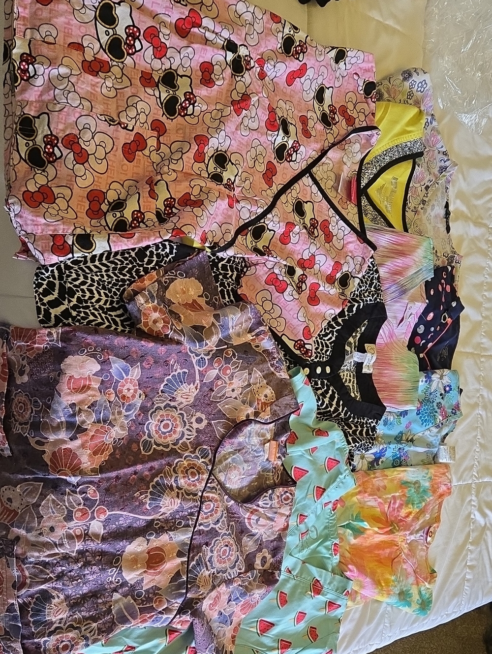 Mixed Printed Scrub Tops - Bright Floral, Watermelon & Cartoon Prints